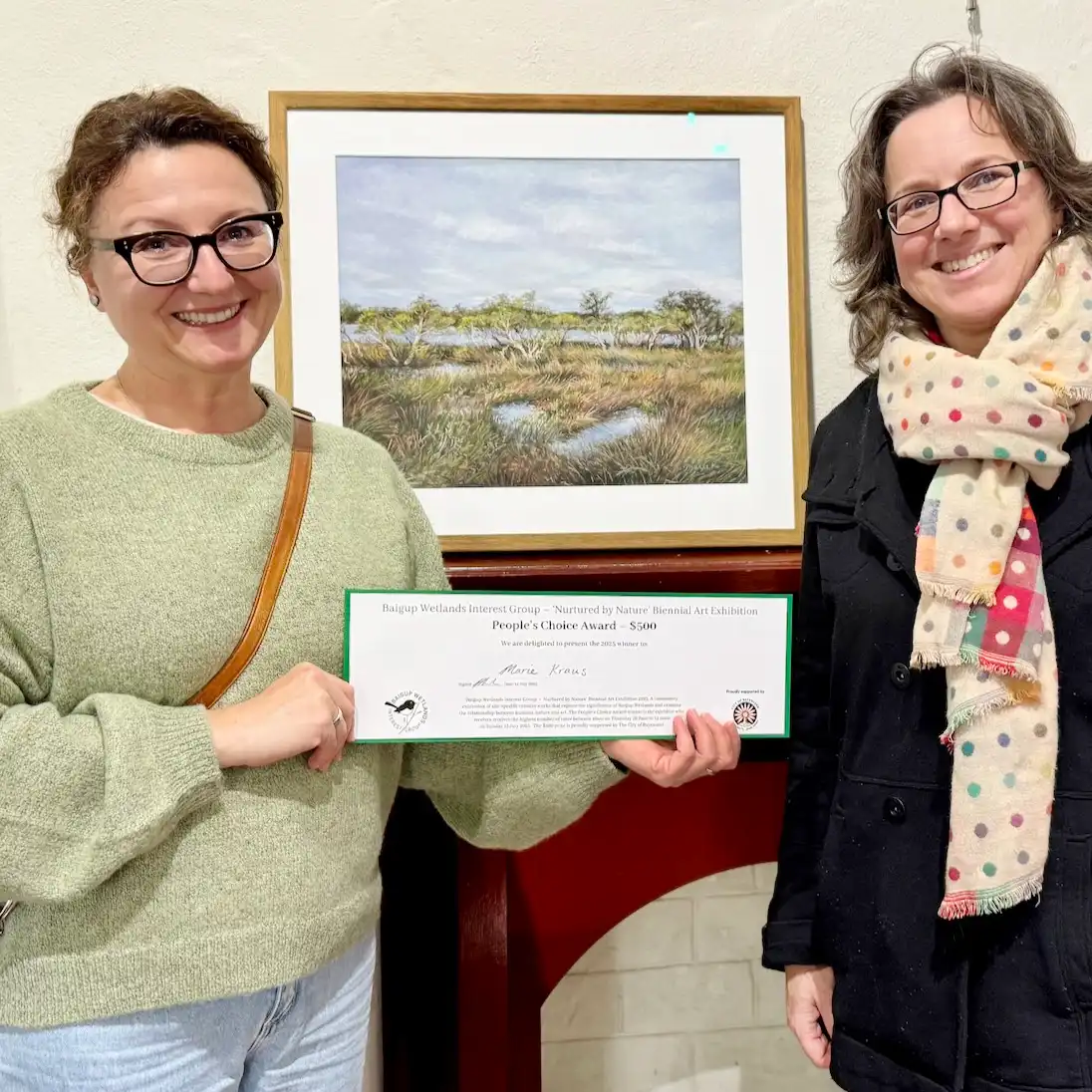 People' Choice Award winner, Marie Kraus (left) with her beautiful work 'Baigup Reflections'